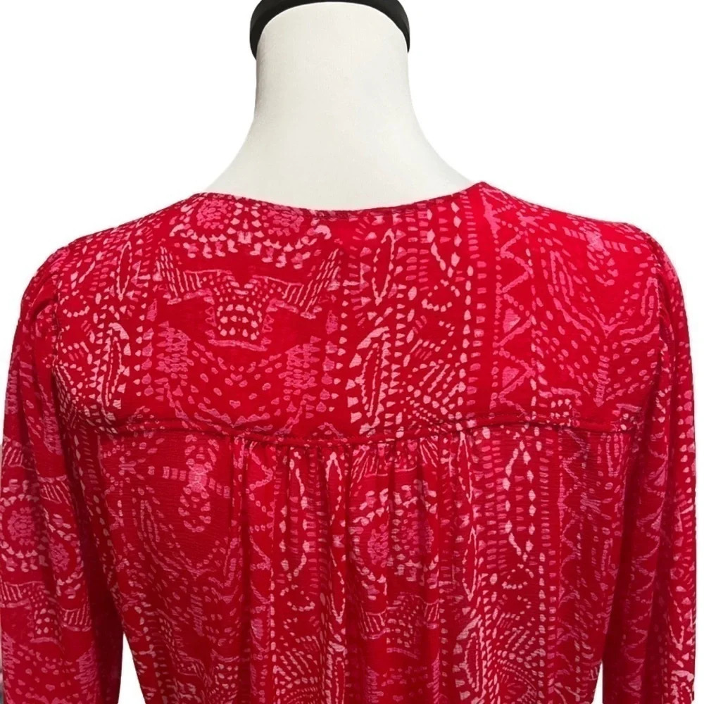 Free People Blouse. Red Sheer Asymmetrical Bell Sleeve. Medium. - Picture 4 of 9